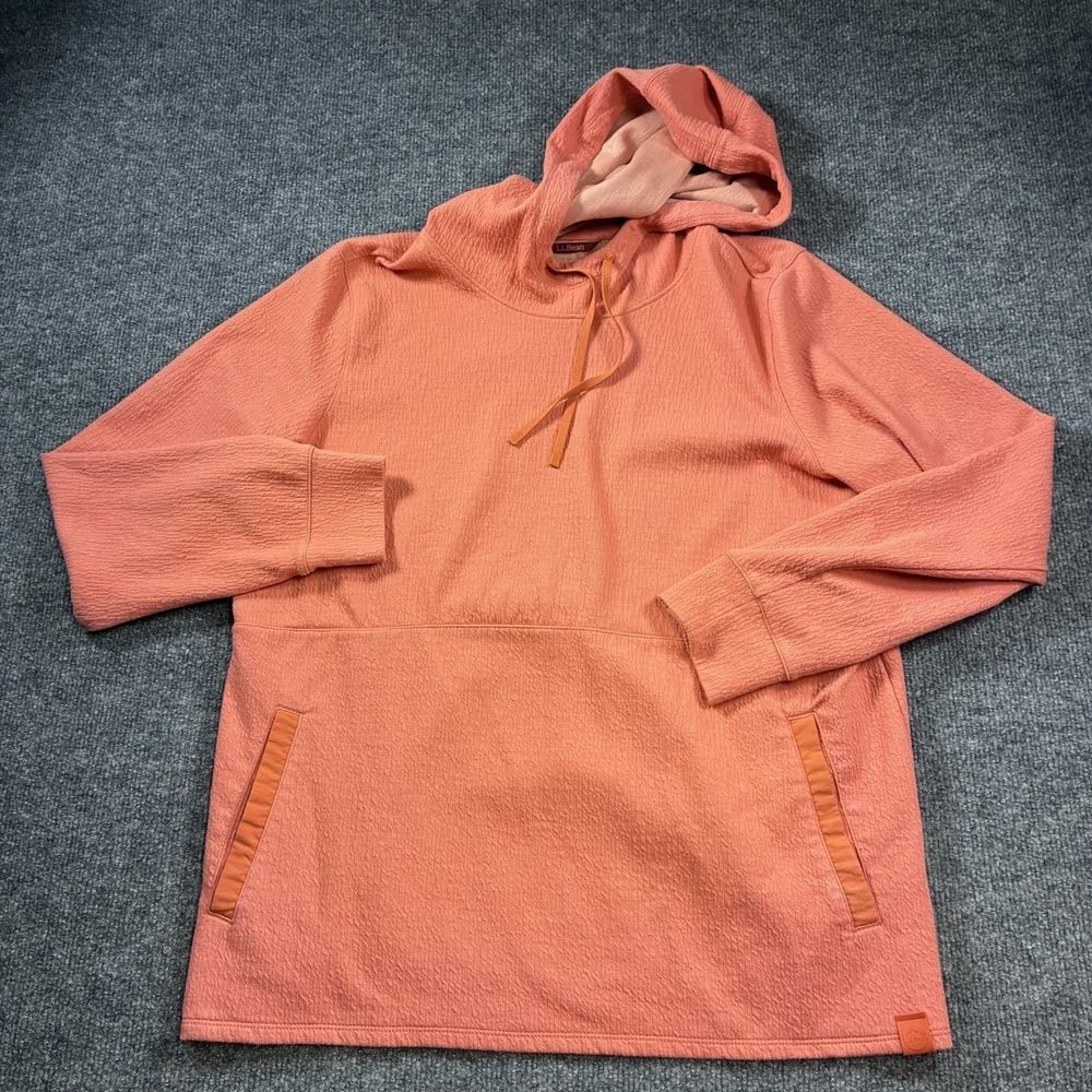 L.L.Bean Womens Large Pullover Hoodie Coral Textured Knit Stretch Pockets